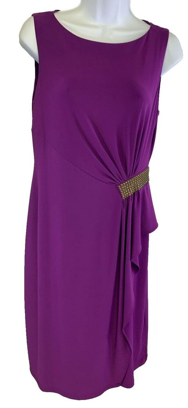 Anne Klein Faux Wrap Beaded Women's Size 8 Purple Dress Stretch Zip Sleeveless